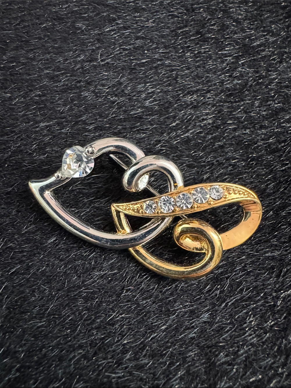 Two-Tone Heart Swirl Brooch/Pendant with Clear Stones - Gold & Silver